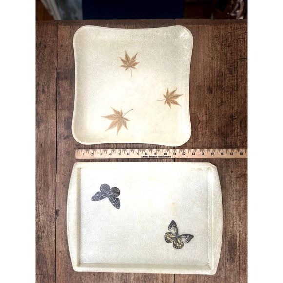 Vintage Fiberglass Set of 2 Lap Trays - Butterflies and Leaves, MCM Atomic Era - Picture 2 of 8